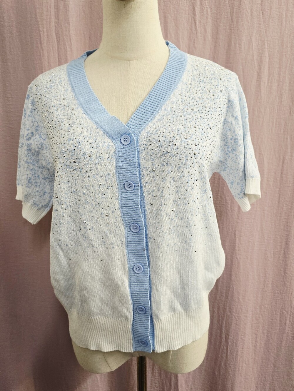 Womens's V-Neck Rhinestone Embellished Short Sleeve Knit Cardigan- Blue, Medium